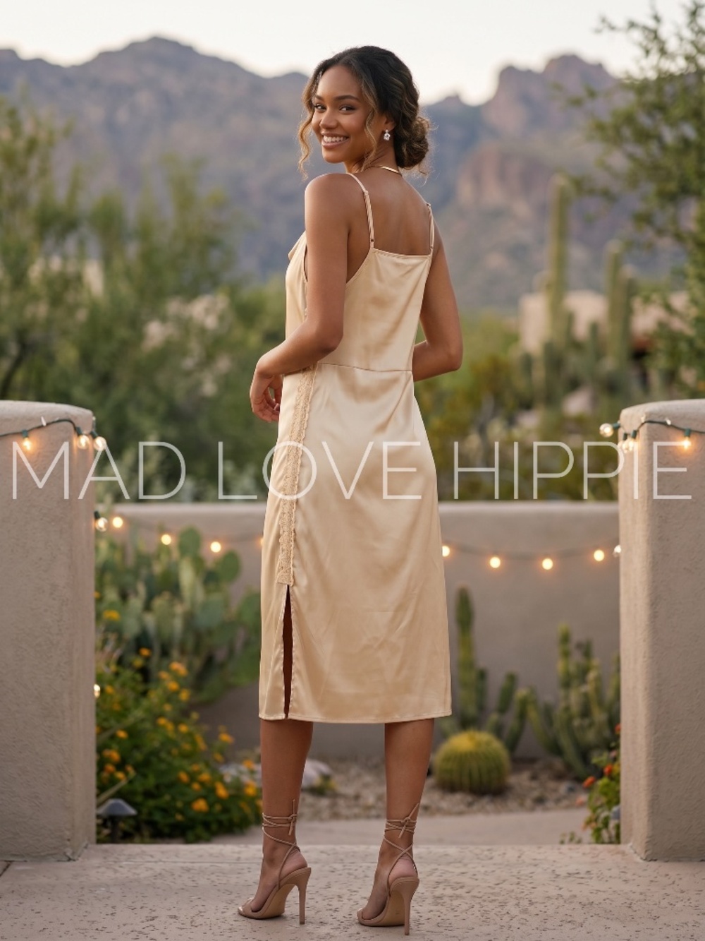 POL GoldChampagne Cowl Neck Midi Slip Dress | Lace Trim Draped Side Slit - Picture 3 of 6